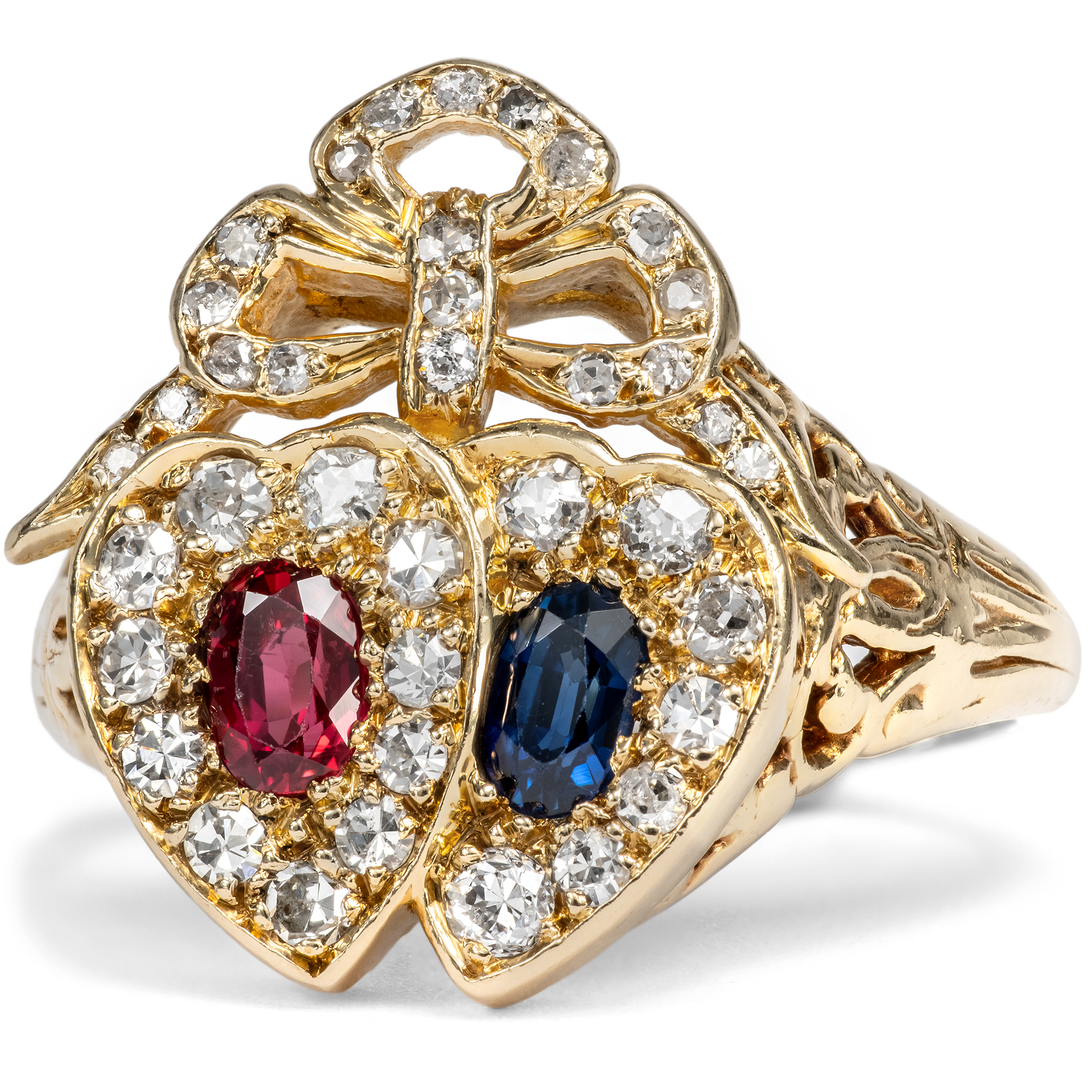 Romantischer Victorian Revival-Ring mit Rubin, Saphir & Diamanten, Ende des 20. Jhdts. Romantischer Victorian Revival-Ring mit Rubin, Saphir & Diamanten, Ende des 20. Jhdts.