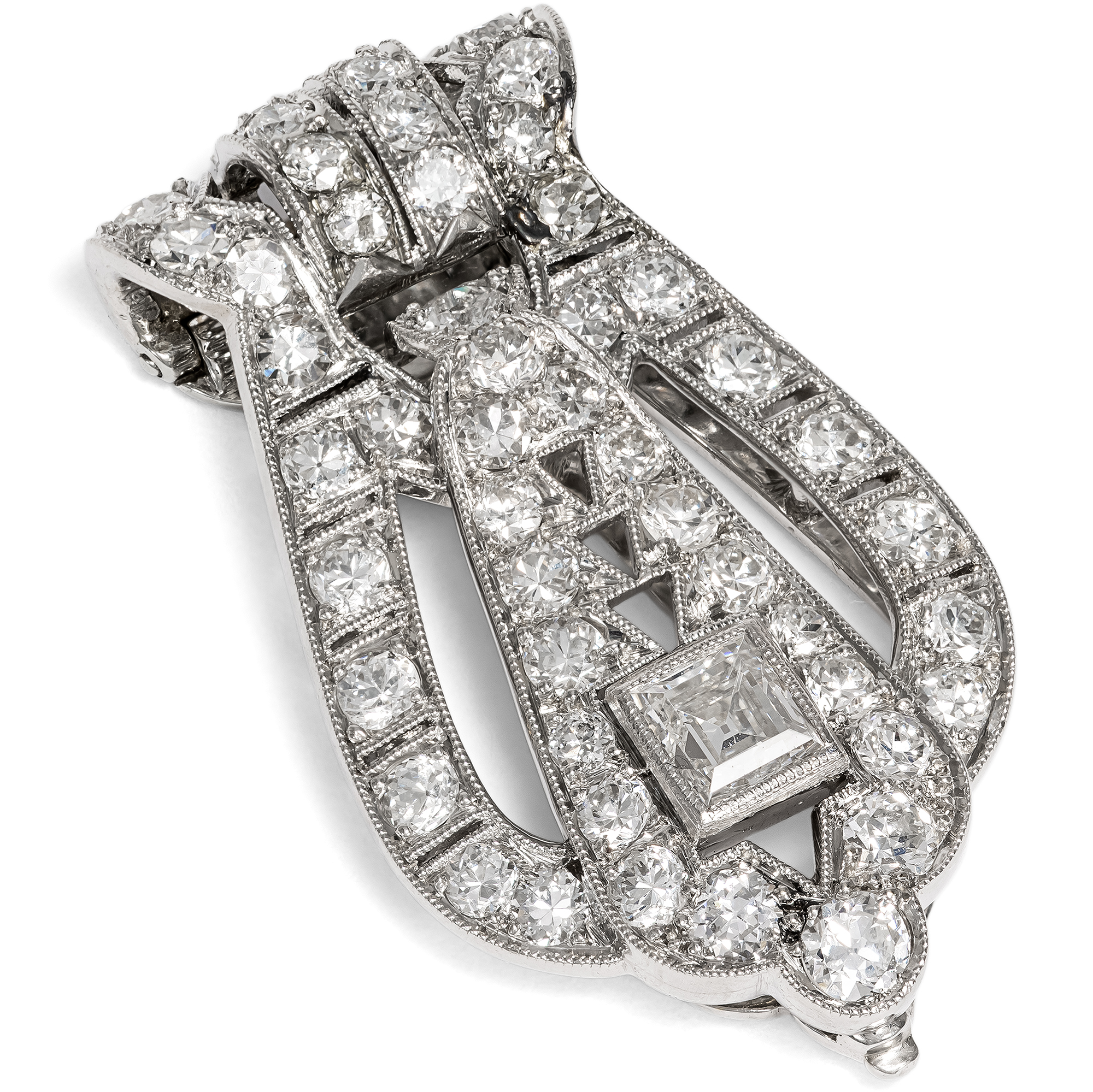 Déco Dress Clip with Diamonds in Platinum & White Gold, c. 1930 Déco Dress Clip with Diamonds in Platinum & White Gold, c. 1930