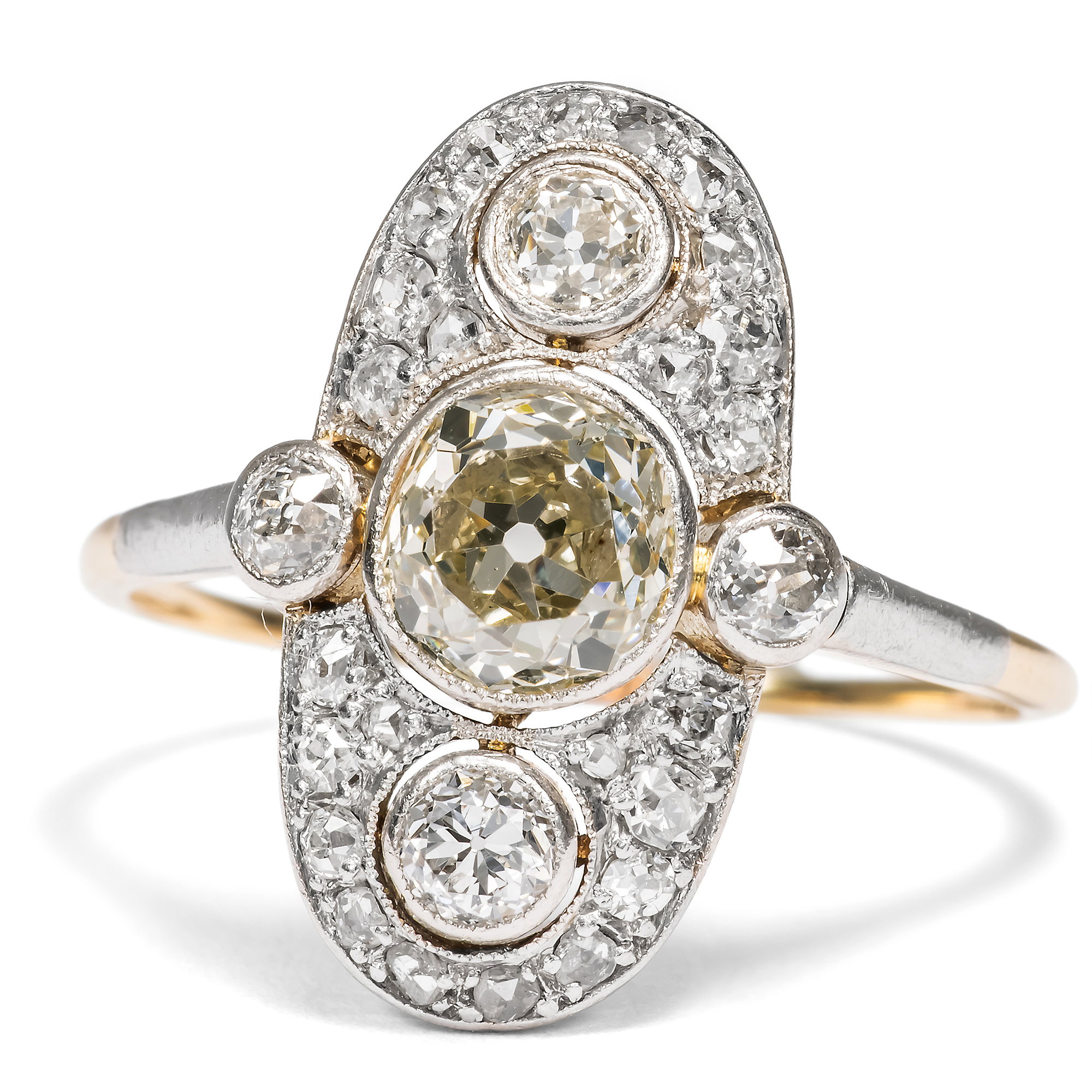 Eleganter Ring mit ca. 1,75 ct Diamanten in Platin auf Gold, um 1920 Eleganter Ring mit ca. 1,75 ct Diamanten in Platin auf Gold, um 1920