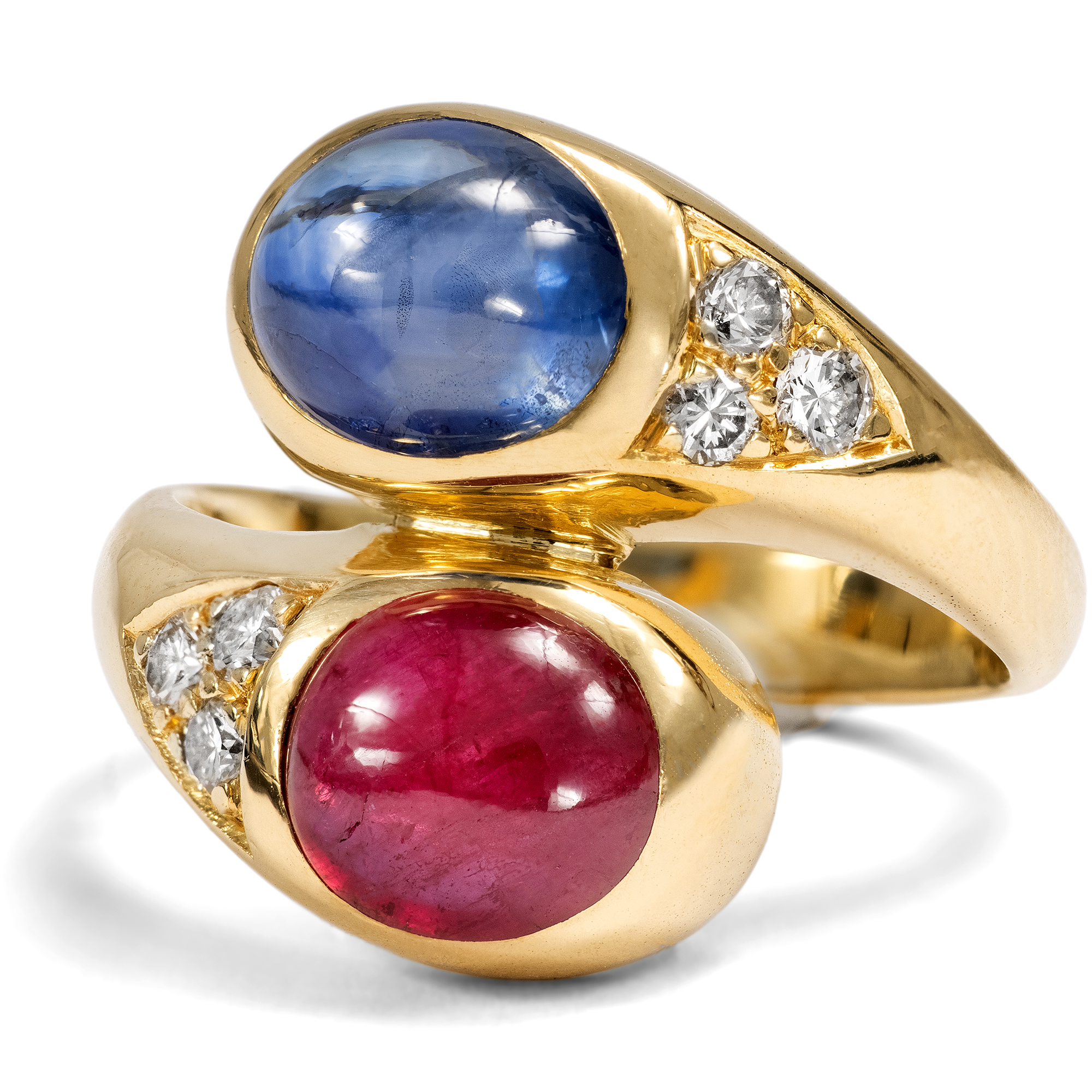 Fine Crossover Ring with Ruby, Sapphire, and Diamonds in Gold, c. 1990 Fine Crossover Ring with Ruby, Sapphire, and Diamonds in Gold, c. 1990