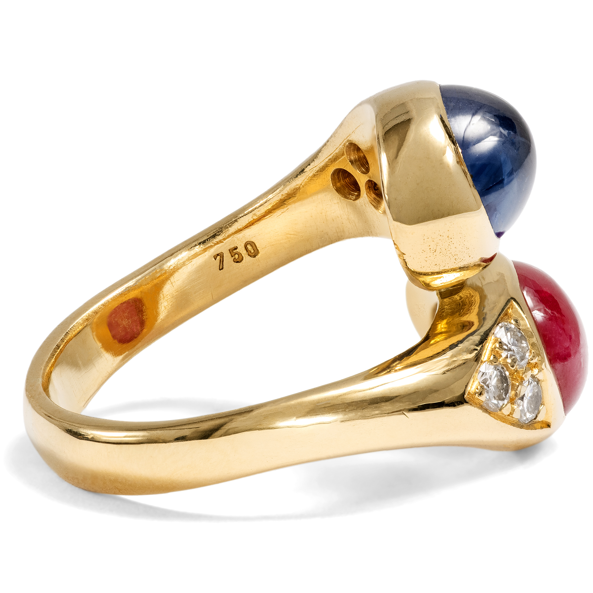 Fine Crossover Ring with Ruby, Sapphire, and Diamonds in Gold, c. 1990 Fine Crossover Ring with Ruby, Sapphire, and Diamonds in Gold, c. 1990