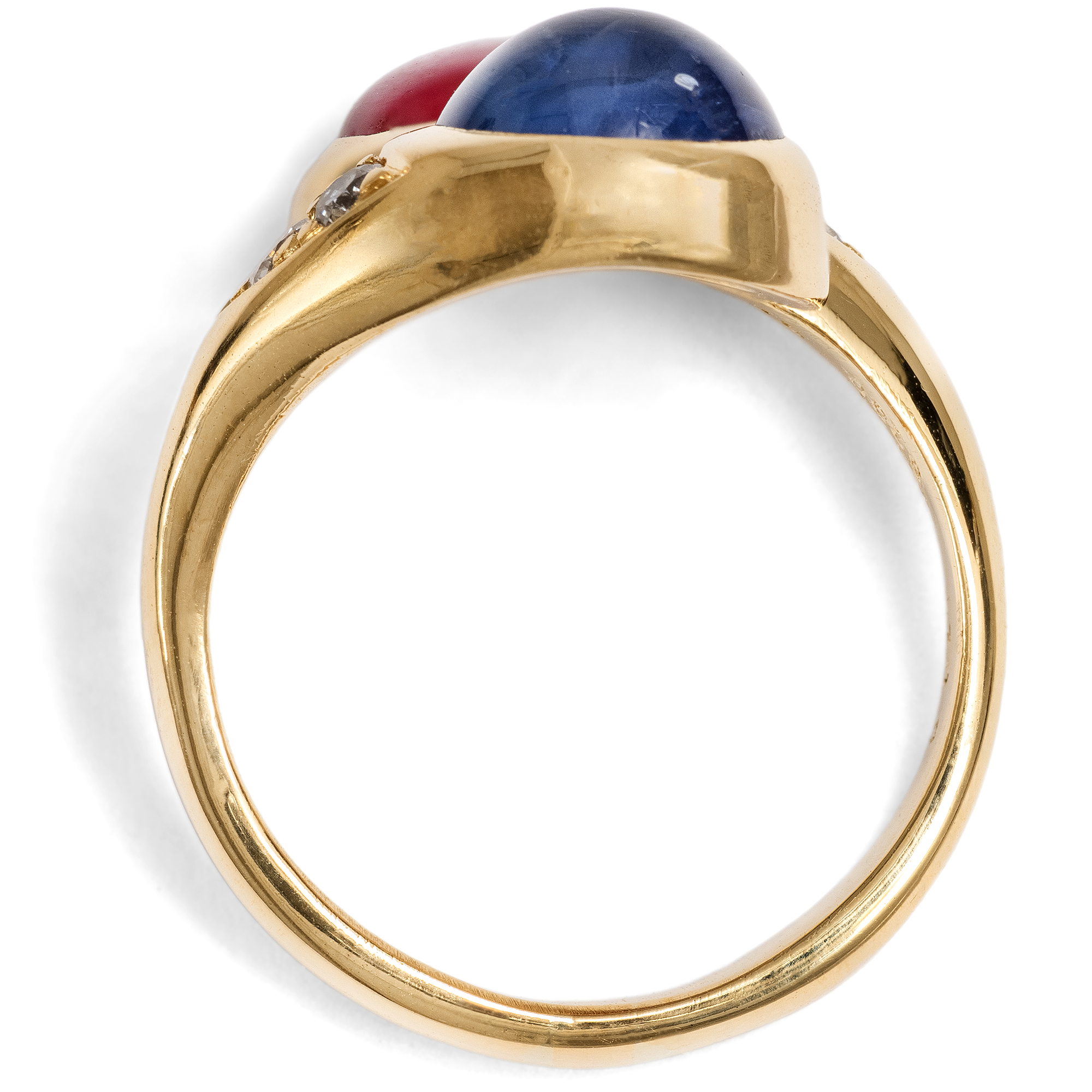 Fine Crossover Ring with Ruby, Sapphire, and Diamonds in Gold, c. 1990 Fine Crossover Ring with Ruby, Sapphire, and Diamonds in Gold, c. 1990
