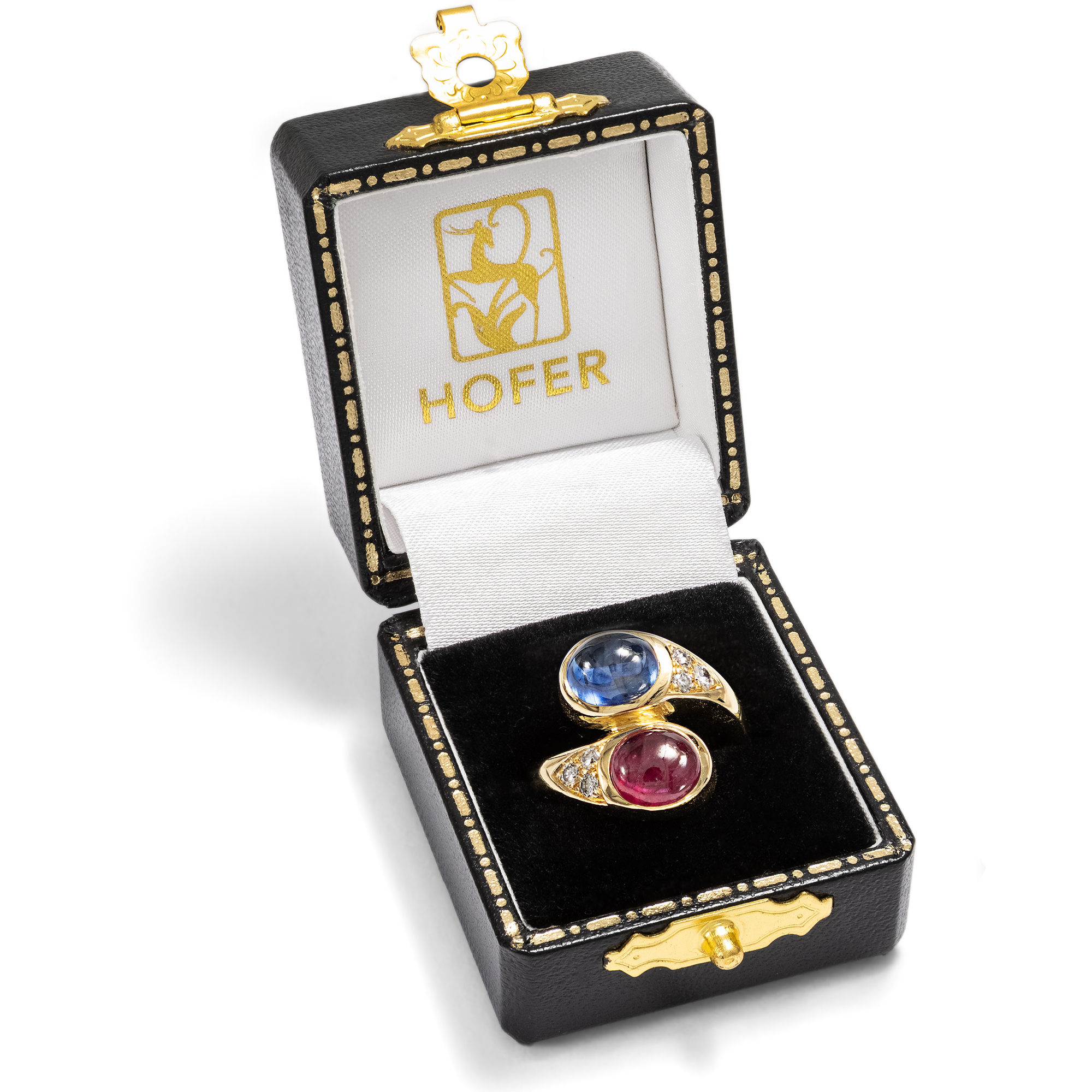 Fine Crossover Ring with Ruby, Sapphire, and Diamonds in Gold, c. 1990 Fine Crossover Ring with Ruby, Sapphire, and Diamonds in Gold, c. 1990