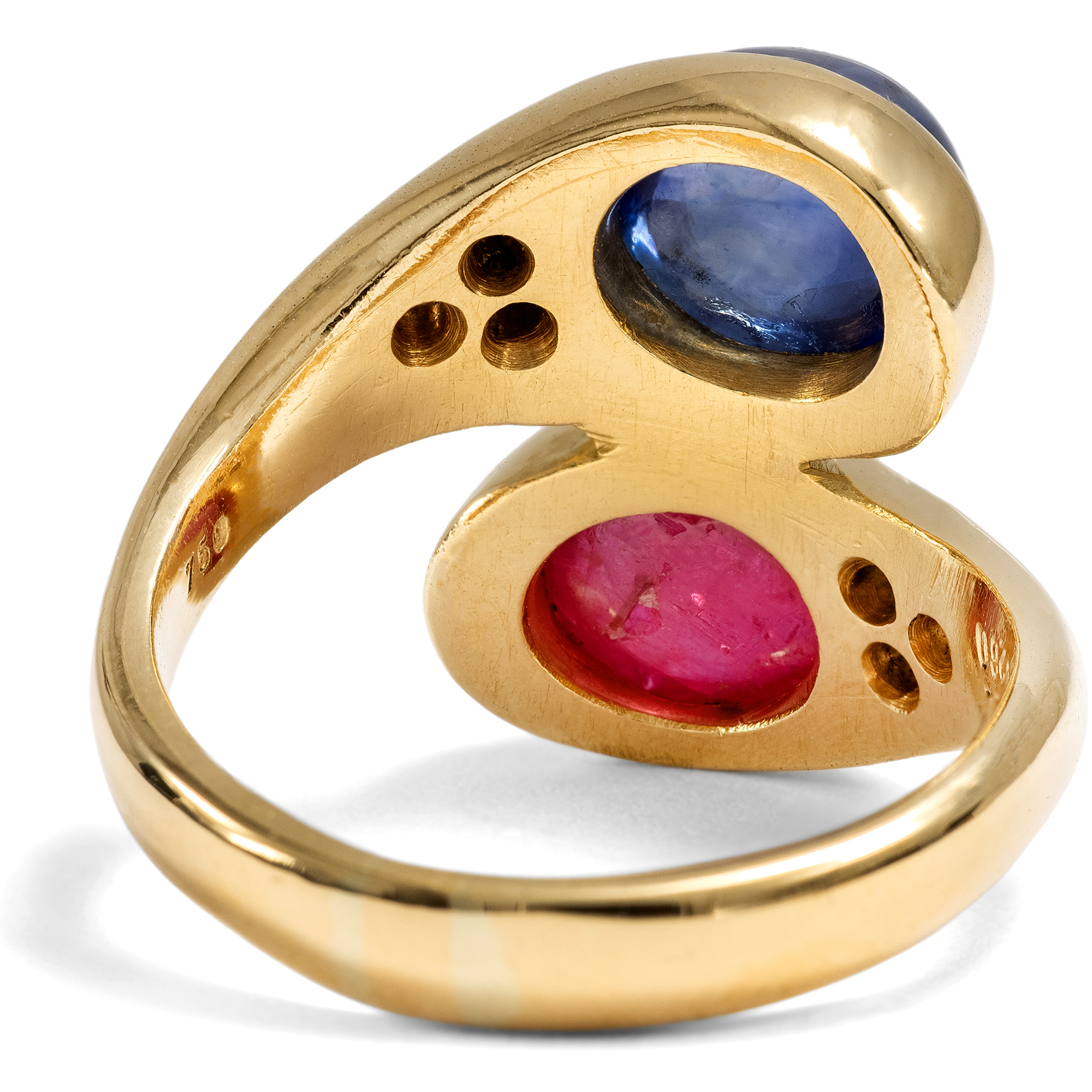 Fine Crossover Ring with Ruby, Sapphire, and Diamonds in Gold, c. 1990 Fine Crossover Ring with Ruby, Sapphire, and Diamonds in Gold, c. 1990