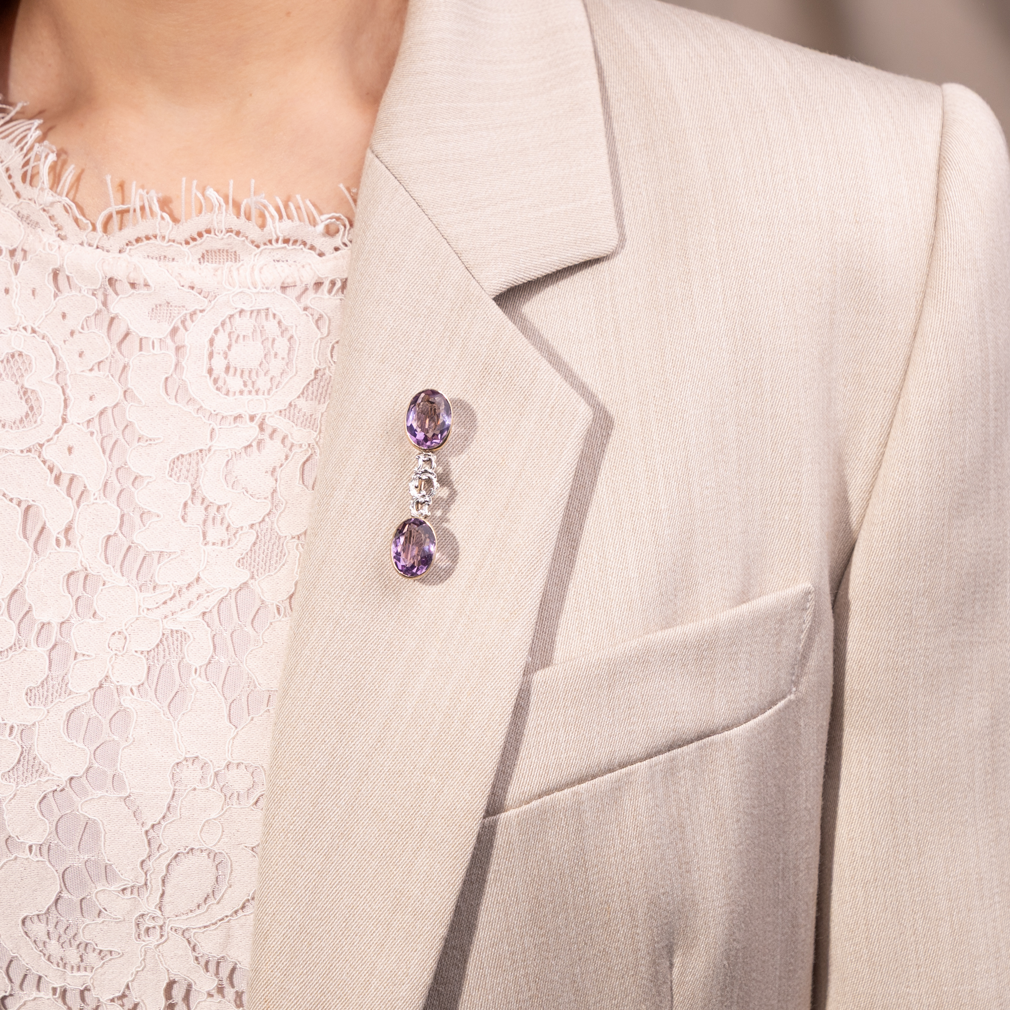 Brooch Made of Antique Elements with Amethysts in Gold and Silver, Mariage, c. 1930 Brooch Made of Antique Elements with Amethysts in Gold and Silver, Mariage, c. 1930