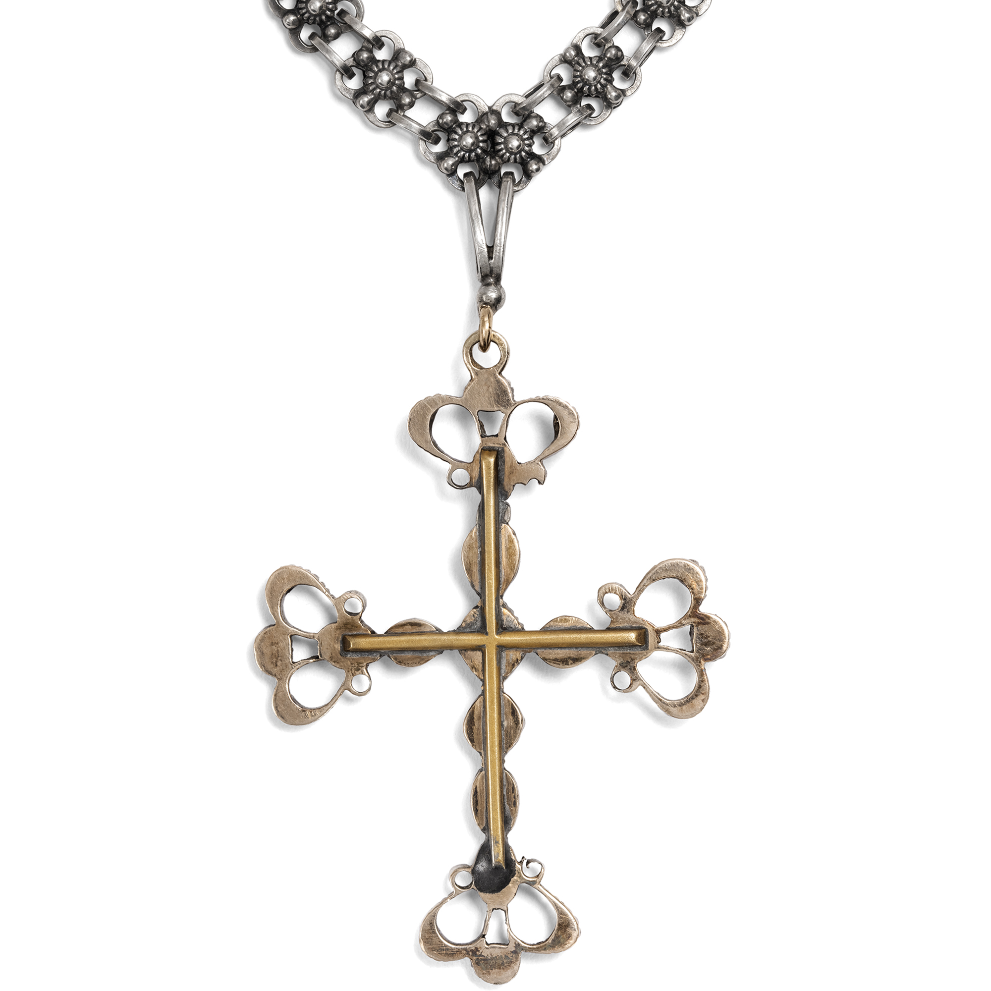 Antikes Collier mit einem Kreuz mit Bergkristallen in Silber auf Gold, wohl Frankreich, Mitte des 19. Jh. Antikes Collier mit einem Kreuz mit Bergkristallen in Silber auf Gold, wohl Frankreich, Mitte des 19. Jh.