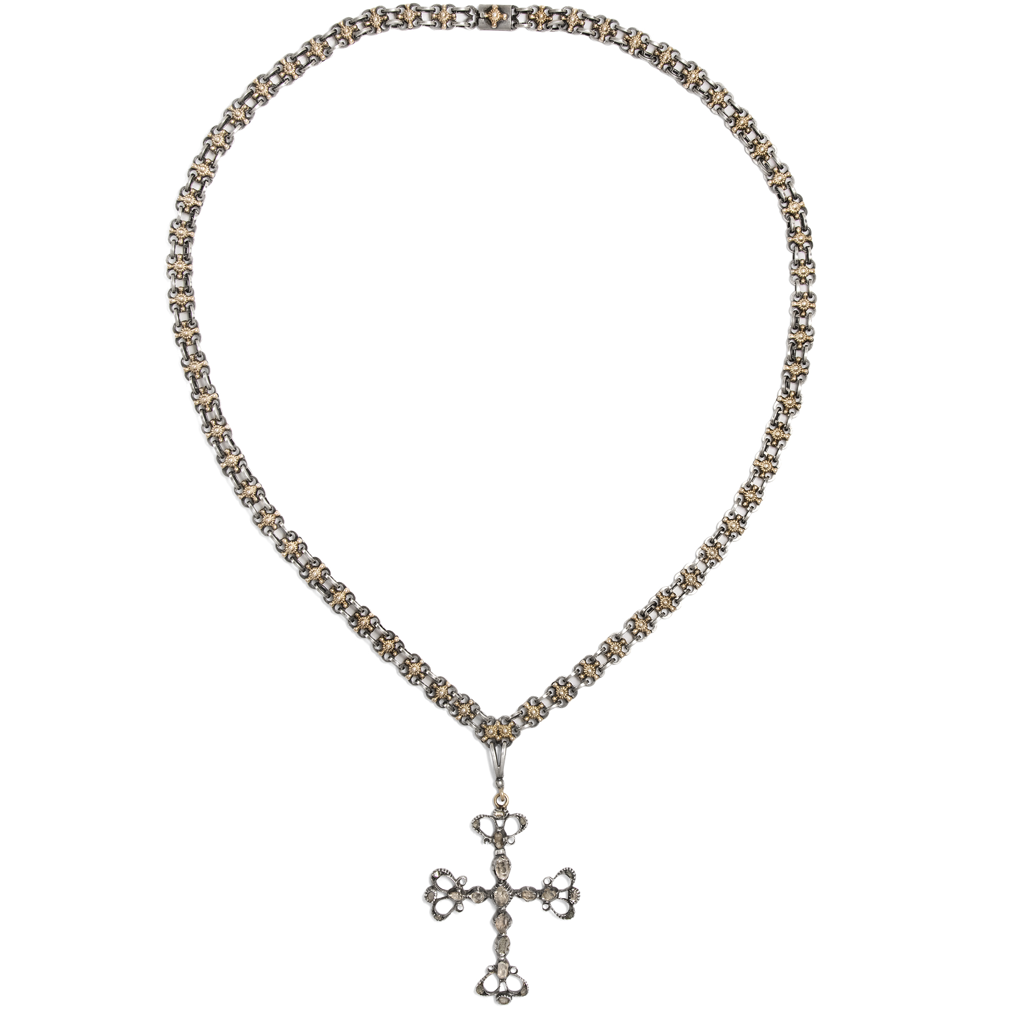 Antikes Collier mit einem Kreuz mit Bergkristallen in Silber auf Gold, wohl Frankreich, Mitte des 19. Jh. Antikes Collier mit einem Kreuz mit Bergkristallen in Silber auf Gold, wohl Frankreich, Mitte des 19. Jh.