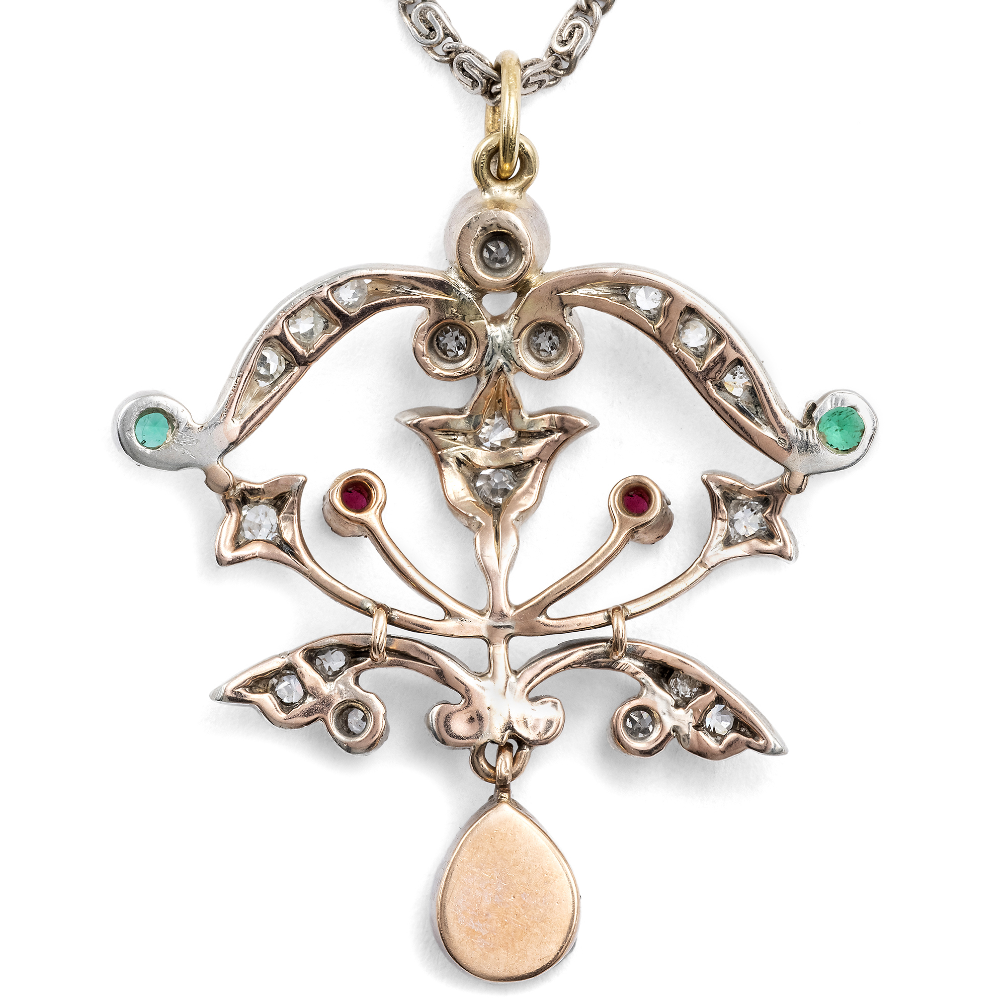 Zarter Anhänger mit Rubinen, Smaragden & Diamanten, England um 1890 Zarter Anhänger mit Rubinen, Smaragden & Diamanten, England um 1890