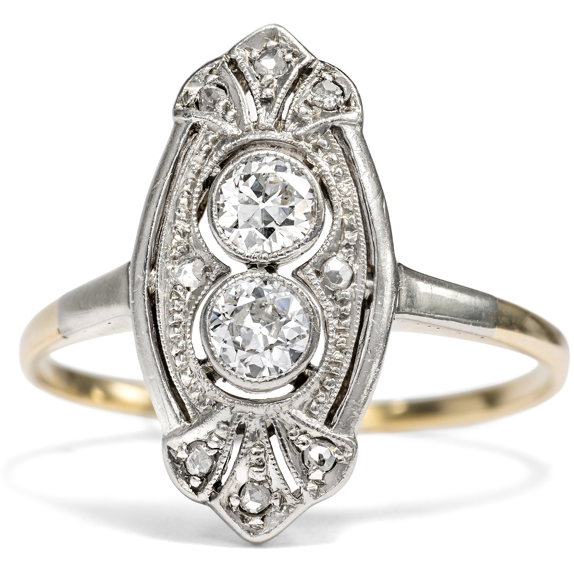 Antiker Ring mit Altschliff-Diamanten in Platin auf Gold, um 1925 Antiker Ring mit Altschliff-Diamanten in Platin auf Gold, um 1925