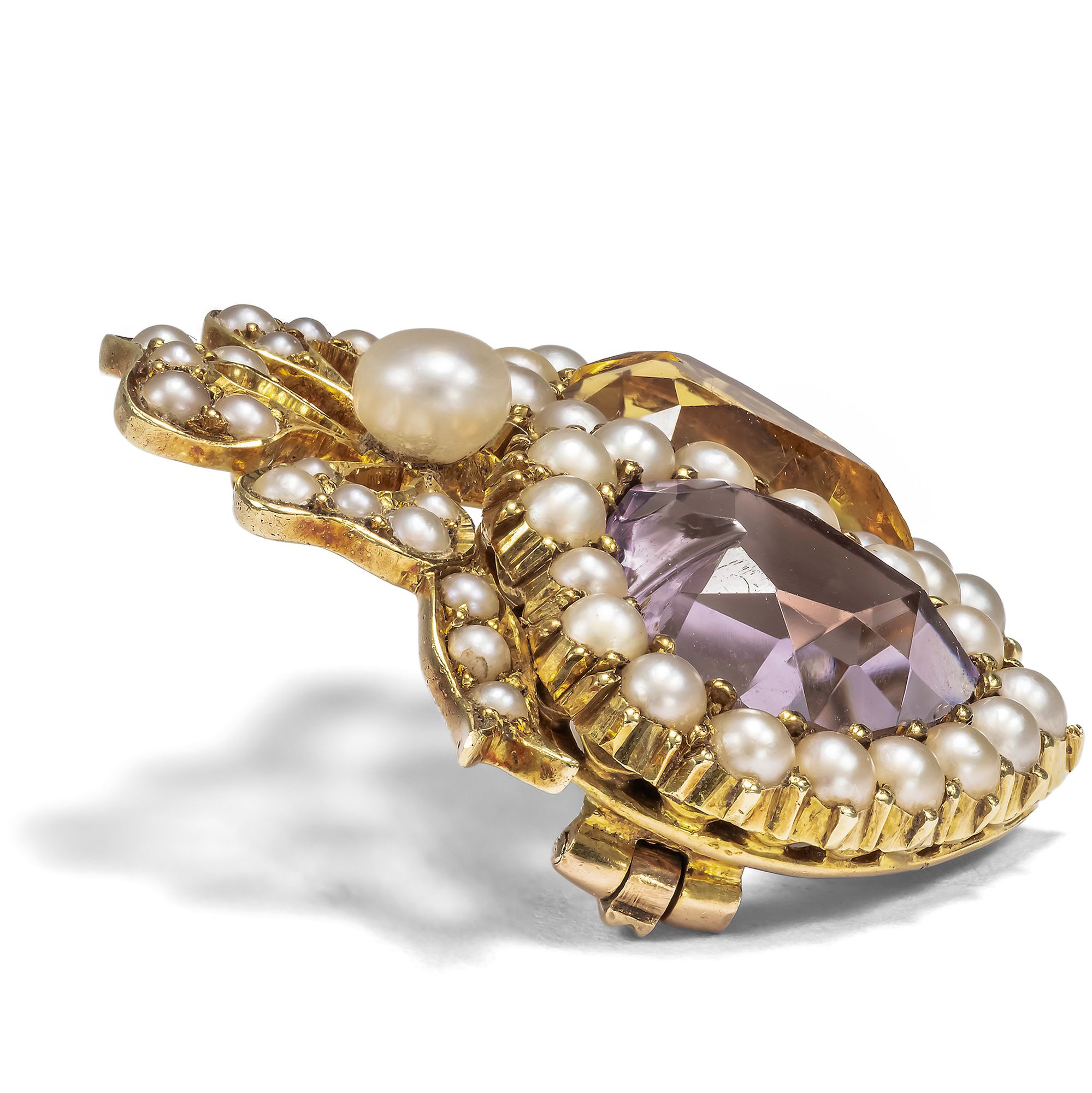 Romantische Brosche mit Herzen aus Amethyst & Citrin in Gold, um 1890 Romantische Brosche mit Herzen aus Amethyst & Citrin in Gold, um 1890