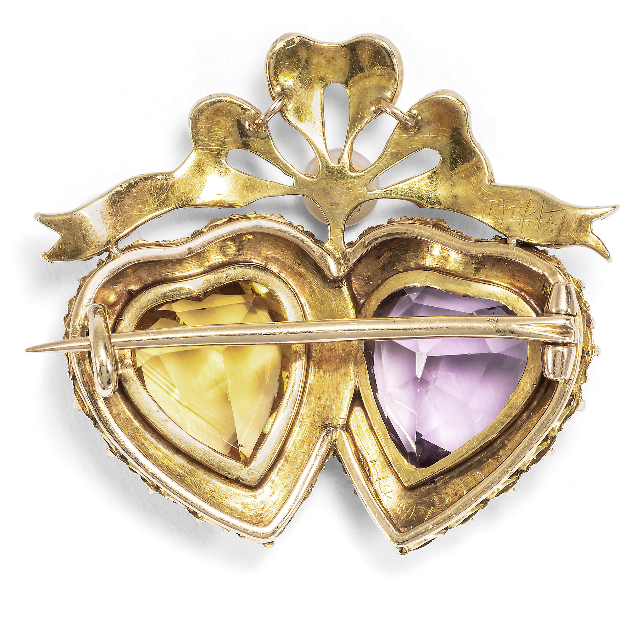 Romantische Brosche mit Herzen aus Amethyst & Citrin in Gold, um 1890 Romantische Brosche mit Herzen aus Amethyst & Citrin in Gold, um 1890