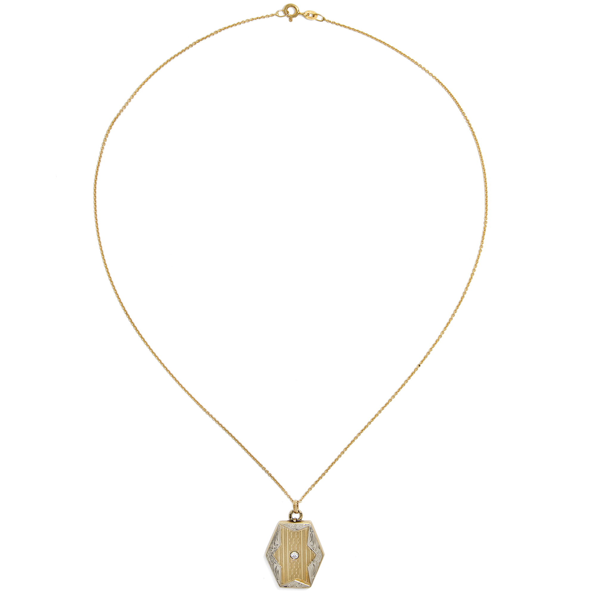 Feiner Medaillon-Anhänger des Art Déco mit Diamant in Gelb- und Weißgold, Wien, späte 1920er Jahre Feiner Medaillon-Anhänger des Art Déco mit Diamant in Gelb- und Weißgold, Wien, späte 1920er Jahre
