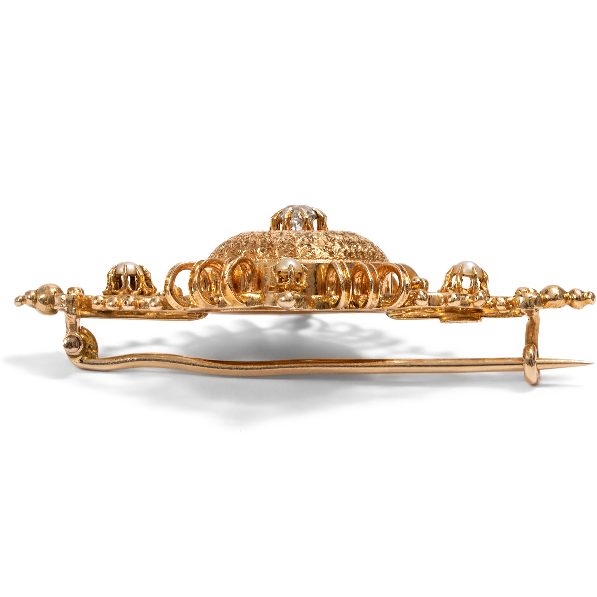 Antike Kragenbrosche mit Diamant & Perlen in Rotgold, um 1885 Antike Kragenbrosche mit Diamant & Perlen in Rotgold, um 1885