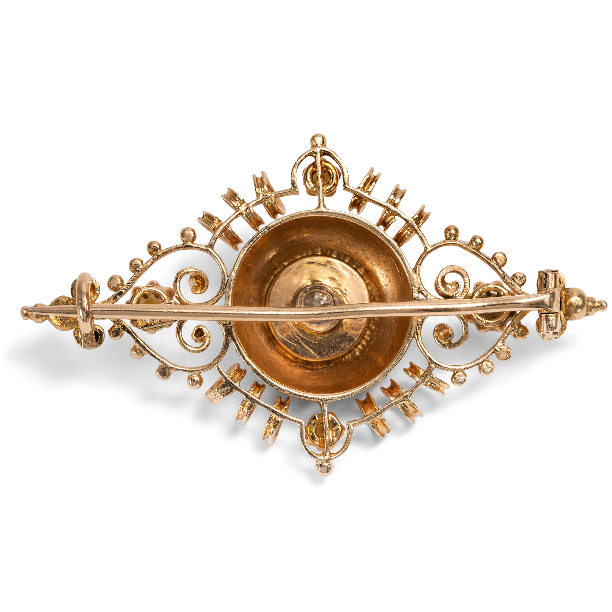 Antike Kragenbrosche mit Diamant & Perlen in Rotgold, um 1885 Antike Kragenbrosche mit Diamant & Perlen in Rotgold, um 1885